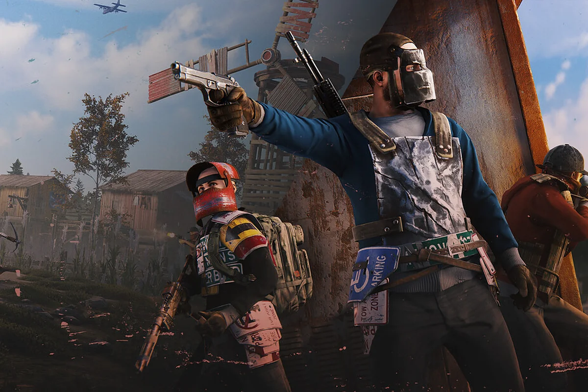Rust key art: a raider in a scrap face shield aims a pistol beside a teammate in a red helmet
