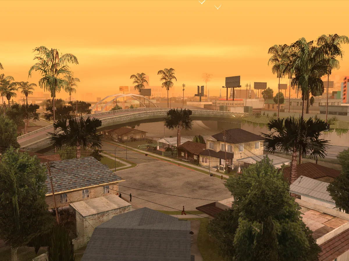 Grove Street at sunset in GTA San Andreas, the world of SA-MP and open.mp servers