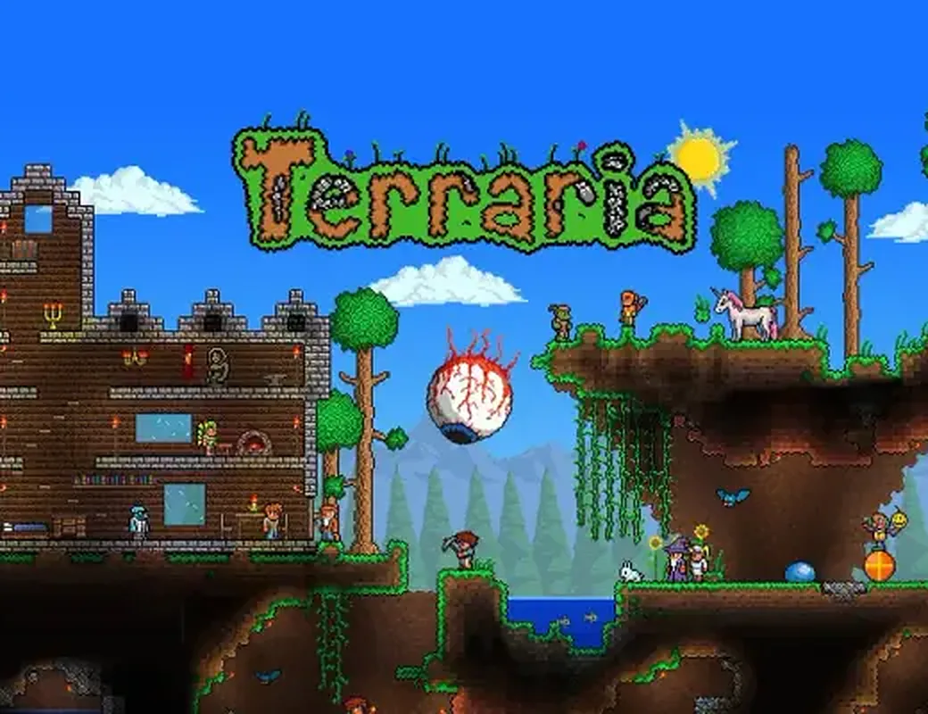Terraria-Welt mit einer Burg, dem Auge von Cthulhu und unterirdischen Höhlen